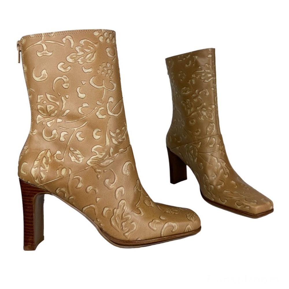 NEW Y2K Amanda Smith Leather Square Toe Heeled Boots Sz 6.5 Tan Floral